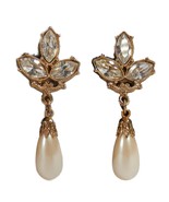 1928 Faux Pearl Dangle 3 Clear Marquise Rhinestones Clip On Earrings Gol... - €13,71 EUR
