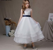 Tiered First Communion Sleeveless Tea-Length Flower Girl Dress For Wedding Party - £122.30 GBP