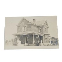 Antique Real Photo Postcard Old Brick House Man in Top Hat Woman in Dress RPPC  - $6.42