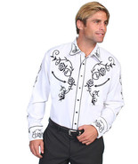 Men's Western Shirt Long Sleeve Rockabilly Country Cowboy White Black Rose - $90.97