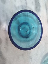 Hand Blown Glass Art 6&quot; Teal with Cobalt Blue Rim - £11.87 GBP