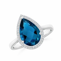 ANGARA Pear-Shaped London Blue Topaz Cocktail Ring with Diamond Halo - £1,092.08 GBP