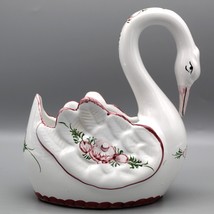 Portugal Pottery Swan Planter Candy Dish Trinket Hand Painted Pink Flowe... - $21.79