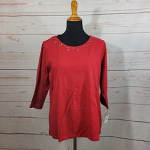 Talbots Women&#39;s Petite Red 3/4 Sleeve Cotton Embellished Tshirt Size 1XP NWT - £21.37 GBP