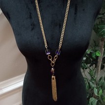 Women Fashion Elegant Blue Rhinestone Beads Gold Tone Tassel Pendant Necklace - £22.34 GBP