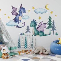 Baby Dragon Wall Decals Stickers, Moon Stars Clouds Forest Nursery Playroom Deco - £30.36 GBP