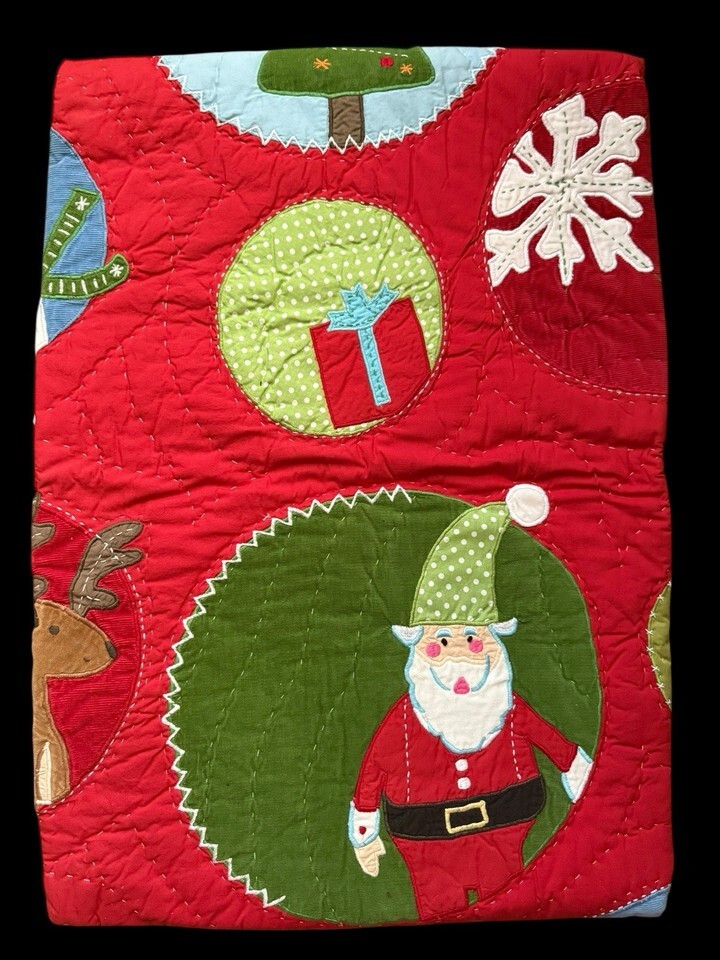 VTG Pottery Barn Kids Embroidered Velvet Christmas Santa Snowman Quilt 49x36” Item image 6