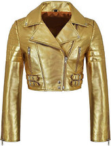 Veste en cuir recadrée dorée pour femme Biker Moto Agneau Taille SML XL XXL - £111.14 GBP