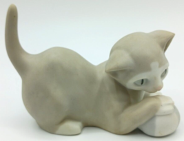 Vintage Ceramic Porcelain Grey Cat Playing with a Ball Figurine - $22.76