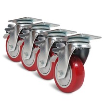 4 Pack 4 Swivel Wheels With Red Polyurethane And Brake Caster - £56.74 GBP