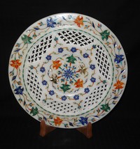 11&quot; Grill Marble Plate Lapis Lazuli Multi Floral Inlay Handicraft Art Gift Decor - £282.26 GBP