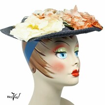 Vintage 40s 50s Navy Blue Flowered Platter Hat - 12&quot; Wide w Wired Brim -... - £38.36 GBP