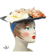 Vintage 40s 50s Navy Blue Flowered Platter Hat - 12&quot; Wide w Wired Brim -... - £38.57 GBP