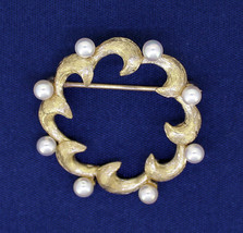 Pearl Circle Pin / Brooch Real Solid 14 K Gold 3.8 G - £314.31 GBP