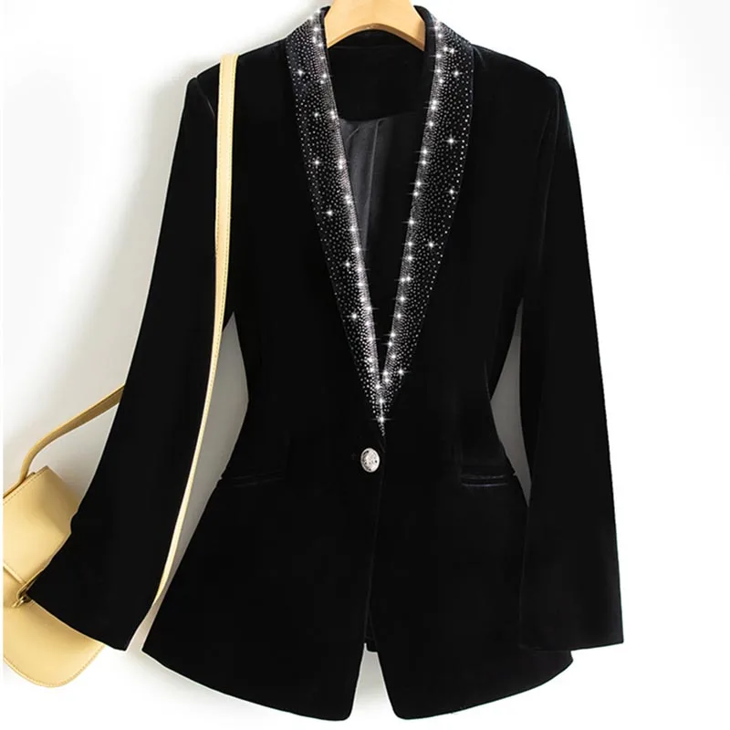 Spring  Female Blazer Shiny Rhinestones Women Coat Notched Collar Black Velvet B - £200.34 GBP