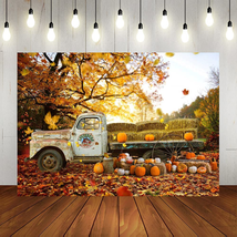 Lofaris Autumn Pumpkin Truck Backdrop Harvest Hay Fall Forest Maple Leaves Photo - £16.22 GBP