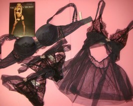 Victoria&#39;s Secret 36C push up BRA SET+BABYDOLL Gray Black eyelash lace Pink bow - £134.52 GBP