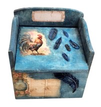 Handcrafted Blue Wooden Decorative Recipe Storage Box With Rooster &amp; Feather Mot - $32.73