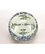 Vintage Glass Paperweight, &quot;Helen &amp; Howard&quot;, Blue &amp; White Floral Confett... - $14.65