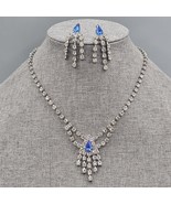 Estate Rhinestone Necklace Pierced Earring Set Blue Clear Crystal Articu... - $54.72 CAD