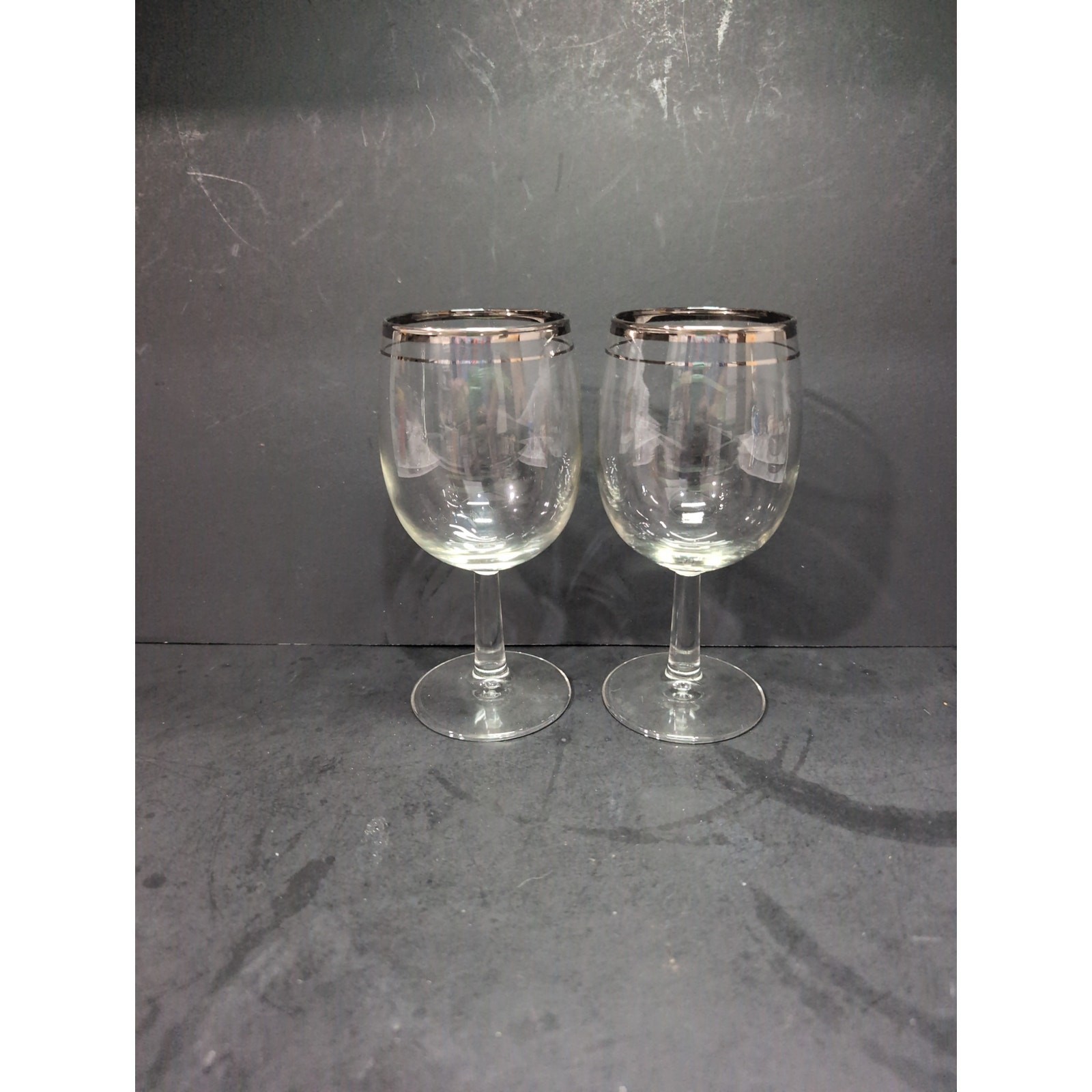 Silver Rimmed Wine Glasses, Set of 2, Vintage Stemware, Midcentury 10 Oz... - $13.86