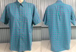 Ralph Lauren Chaps Mens Blue Green Plaid Large Button Shirt Cotton Blend - $13.29