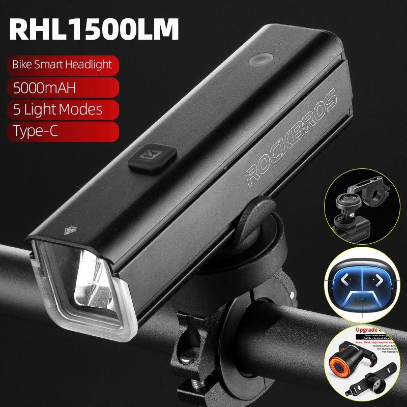 ROCKBROS Bike Front Light 1500LM 5000mAH Battery Bicycle Light Aluminum Smart - £35.89 GBP+