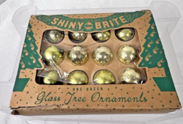 12 Shiny Brite Chartreuse Gold Miniature Glass Balls 1 Inch Original Box - $18.32