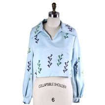 VTG 1970s Tummey Blue Knit Middy Top Hand Block Print Wide Collar Blouse M - $68.31