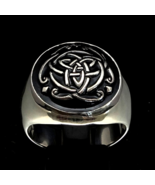 Sterling silver Triquetra ring Celtic Trinity symbol Irish knot with Bla... - $176.58 CAD