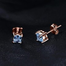 4mm Princess Lab-Created Blue Topaz Solitaire Stud Earrings 14K Rose Gold Plated - £58.47 GBP