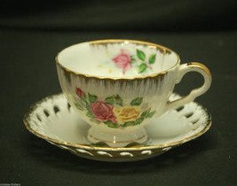 Vtg. China by Enesco Footed Cup &amp; Saucer Set Red Yellow Roses w Gold Trim Japan - £11.62 GBP