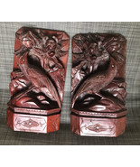 Vtg Wood Rosewood Bookends w Carved Birds, Glass Eyes &amp; Flowers Wooden L... - $94.05