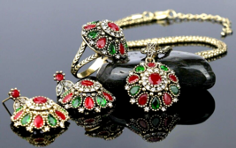 TURKISH JEWELRY ANTIQUE_FINISH GOLD PLATED NECKLACE EARRING &amp; RING 4Pc - €33,67 EUR