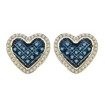 14K Gold Plated Silver 1/2CT Simulated Blue &amp; White Heart Shape Stud Earrings - £36.78 GBP