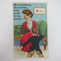 Postcard Valentine Victorian Man Woman Red Dress Green Couch Cupid Antique 1911 - $9.99