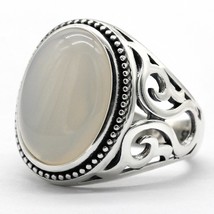 New hot sale 925 sterling silver men&#39;s ring white agate stone men&#39;s punk ring hi - £43.51 GBP