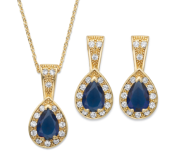 Pear Drop Simulated Blue Sapphire And Cz Earrings Necklace Set Gold Tone - £80.18 GBP