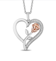 Enchanted Disney Sterling Silver &amp;w 1/10 CTTW Belle Rose Fashion Pendant Necklac - £98.88 GBP
