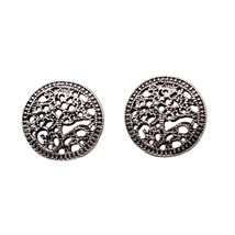 Pierced Filigree Intricate Earrings Ornamental Design Studs Silver Tone - $7.91