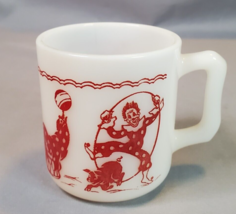 Hazel Atlas Milk Glass Mug Circus Vintage 1950s Red Clown Donkey Child&#39;s Cup - £12.33 GBP