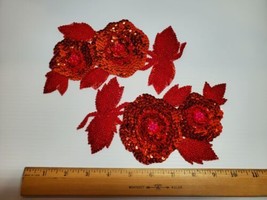 2 PC Lot Bright Red Sequins Beaded Flowers Appliqué New Old Stock NOS Ap... - $12.85