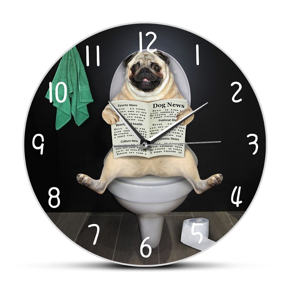 Primary image for Pug Dog Read Newspaper on Toilet in Bathroom Puppy Dog Wall Clock Funny Animals 