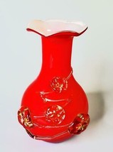 Vintage Red Art Glass Vase Applied Flowers Free Shipping - £50.93 GBP