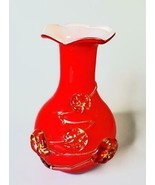 Vintage Red Art Glass Vase Applied Flowers FREE SHIPPING - $65.00