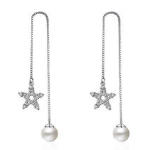 Pearl Dangle Earrings - 925 Sterling Silver Star Crystal Drop Long Earring - £7.42 GBP