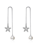 Pearl Dangle Earrings - 925 Sterling Silver Star Crystal Drop Long Earring - £7.59 GBP