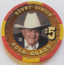 Las Vegas Rodeo Legend Benny Binion '05 Gold Coast $5 Casino Poker Chip - $19.95