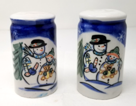 Snowman Salt Pepper Shakers Husband Wife Ceramic Candy Cane Teddy Bears Vtg - £11.83 GBP