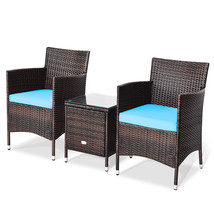 Patiojoy 3 Pieces Rattan Wicker Furniture Set Coffee Table 2 Chairs Turq... - $214.99